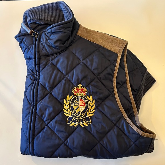 Polo Ralph Lauren Vest XL Quilted Navy Blue Brown Suede Crest Logo Classic - Picture 8 of 8